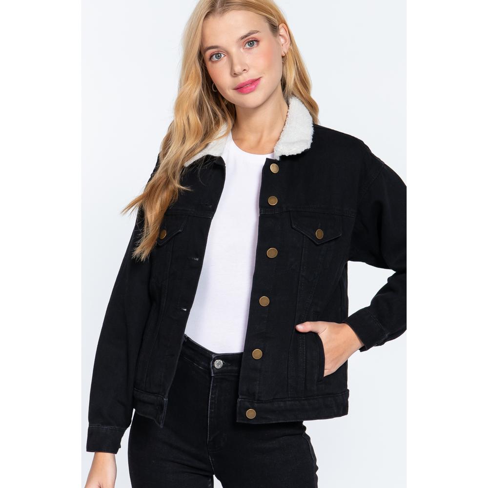 Inner Fur Black Oversized Denim Jacket - Picture 1 of 8